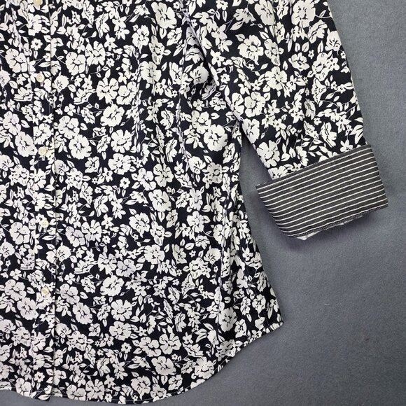 Chaps Shirt Womens Large Navy Blue White Floral Print No Iron Cotton Button Down - Picture 2 of 11